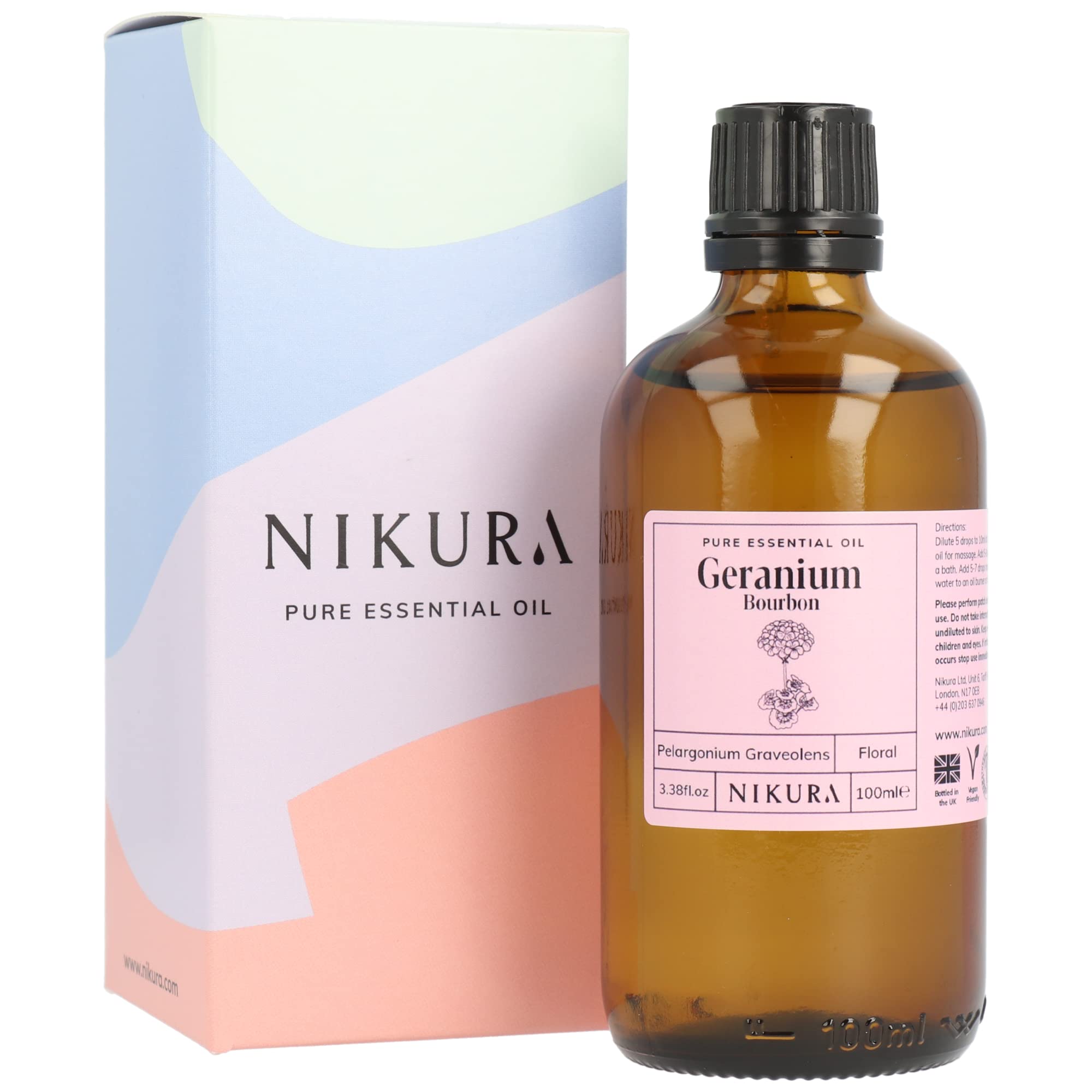 Nikura Geranium Essential Oil - 100ml | Geranium (Bourbon) Oil for Sleep, Aromatherapy, Diffusers for Home, Candle-Making, Bath, Anxiety, Massage, Skin | 100% Pure Natural Oils | Vegan & UK Made