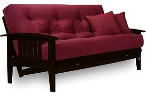 Nirvana Futons Espresso Finish (Warm Black) Westfield Large Queen Size, Mission Style Wood Futon Frame with Mattress Included (Twill Burgundy), More Mattress Colors Available