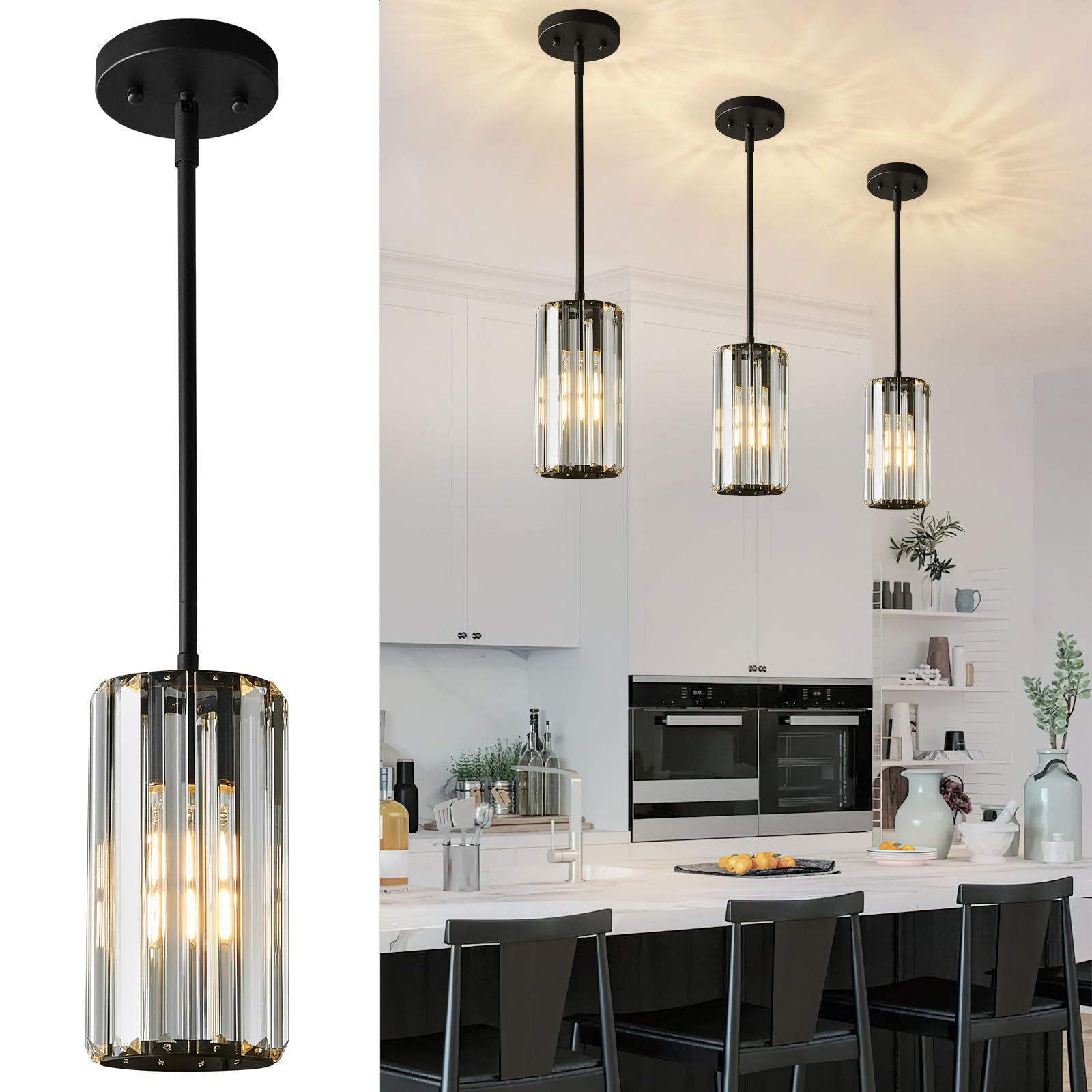 Photo 1 of zhllmq Black Pendant Lighting Modern Pendant Light Mini Crystal Chandeliers Adjustable Pendant Light Fixture for Kitchen Island Dinning Room Corridor Bedroom(Black 3-Pack)