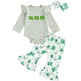 Rourufy St Patricks Day Baby Girl Outfit Newborn Ribbed Knit Romper Flare Pants Set Shamrock Onesie Bell Bottoms Clothes