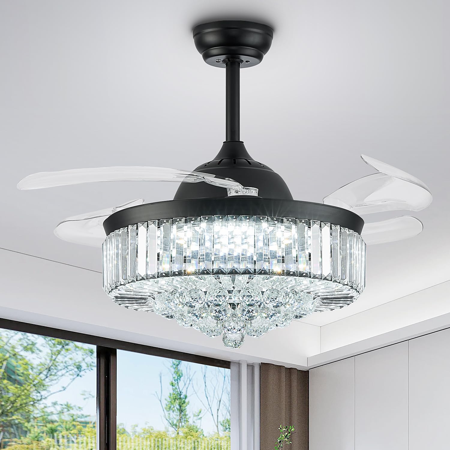 Photo 1 of FIDGRA 42'' Fandelier Ceiling Fan with Light, Retractable Chandelier Fan LED Dimmable Crystal Ceiling Fan for Bedroom Living Room Dining Room-Black