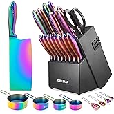 Rainbow Knife Block Set 27-Piece, Iridescent German Stainless Steel Kitchen Knives Set with Wooden Holder, Colorful Titanium Coating, Include Scissors and 2-Stage Built-in Sharpener and 8pcs Gadgets