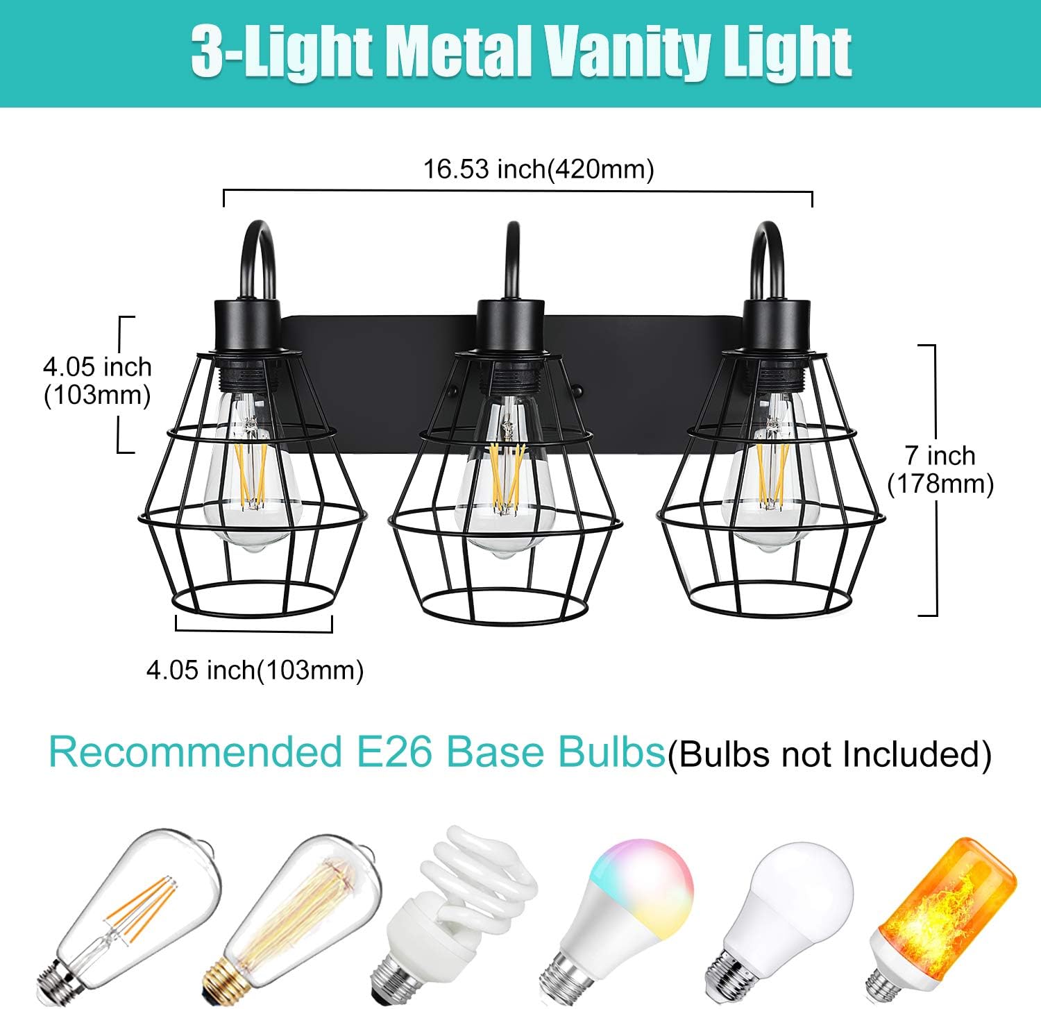 3-Light Industrial Bathroom Vanity Light,Vintage Metal Cage Wall Sconce,Rustic Farmhouse Wall Light Fixture,Porch Wall Lamps for Bedroom,Living Room,Mirror Cabinet,Kitchen(E26 Base, Bulb Not Included): Home Improvement