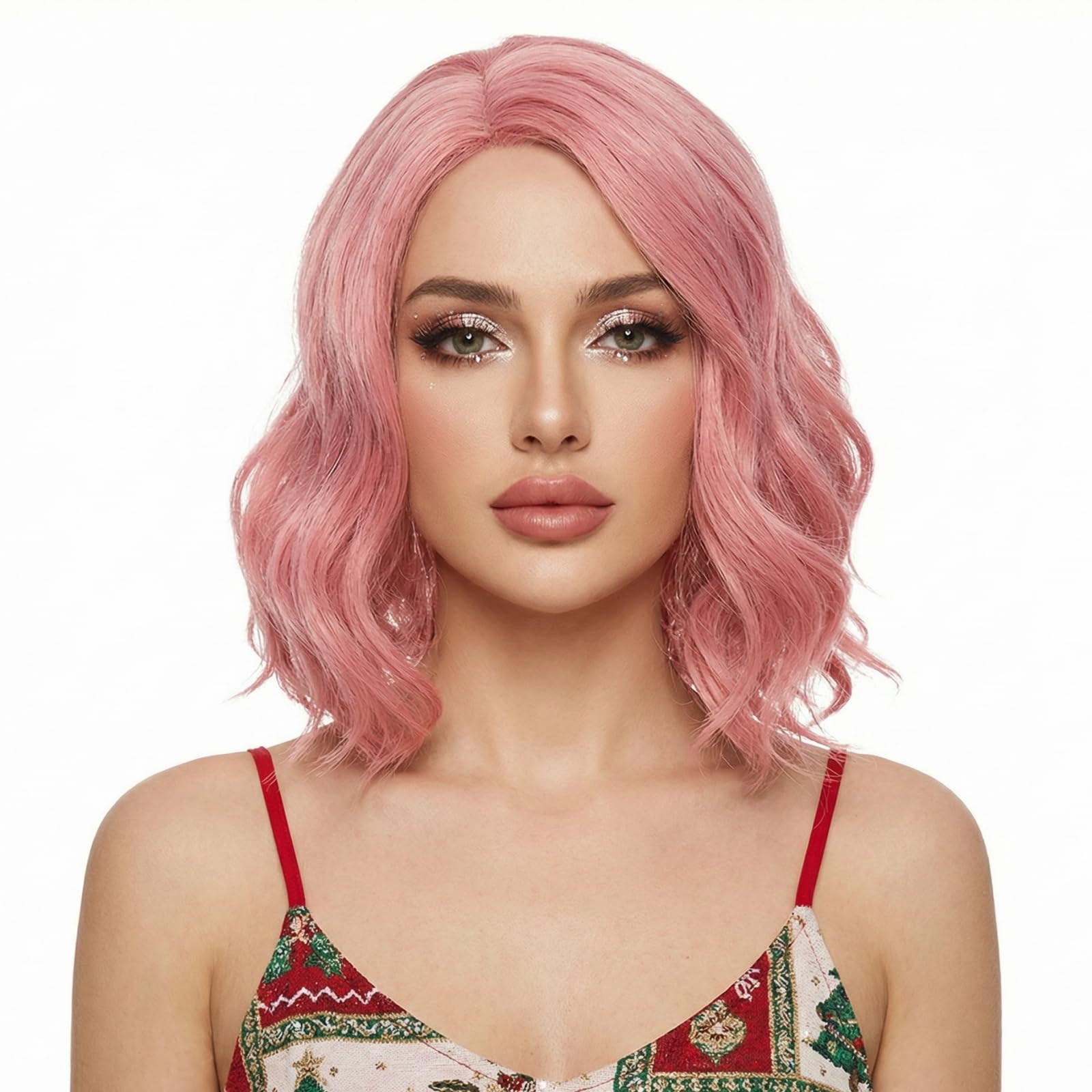 STfantasy Short Pink Wavy Womens Wig Heat Resistant Synthetic Hair for Women Fancy Dress Cosplay Party Costume Canival
