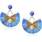 Anmpab Straw Fan Bohemian Tassel Earrings for Women Trendy Colorful Fringe Summer Beach Statement Earrings