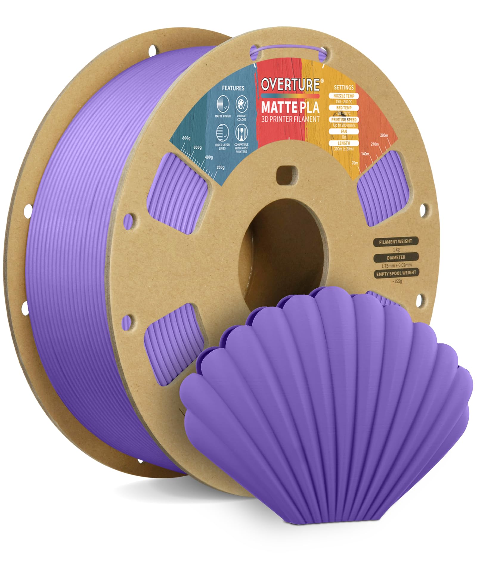 OVERTURE Matte PLA Filament 1.75mm, Easy to Print, PLA Matte 3D Printer Filament 1kg (2.2lbs), Cardboard Spool, Accuracy ± 0.02mm (Matte Purple) — image 1
