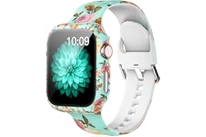 LKEITY Floral Printed Pattern Silicone Band with Case Cover Set Screen Protector Compatible for Apple Watch 45mm 44mm 42mm 41mm 40mm 38mm, Soft Sport Strap for iWatch Series 8 7 SE 6 5 4 3 2 1 Women