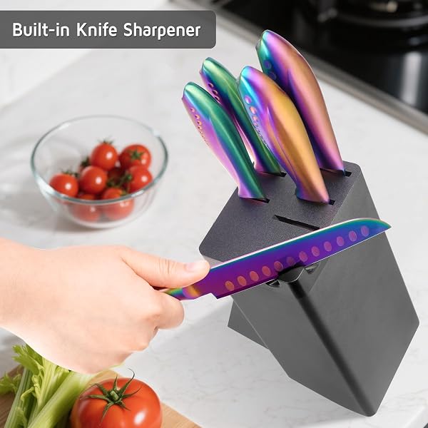 WELLSTAR RAINBOW KNIFE SET 8 PIECES, IRIDESCENT GERMAN STAINLESS STEEL KITCHEN KNIVES SET WITH WOODEN BLOCK, COLORFUL TITANIUM COATING, CHEF’S KNIFE BLOCK SET WITH SCISSORS AND BUILT-IN SHARPENER