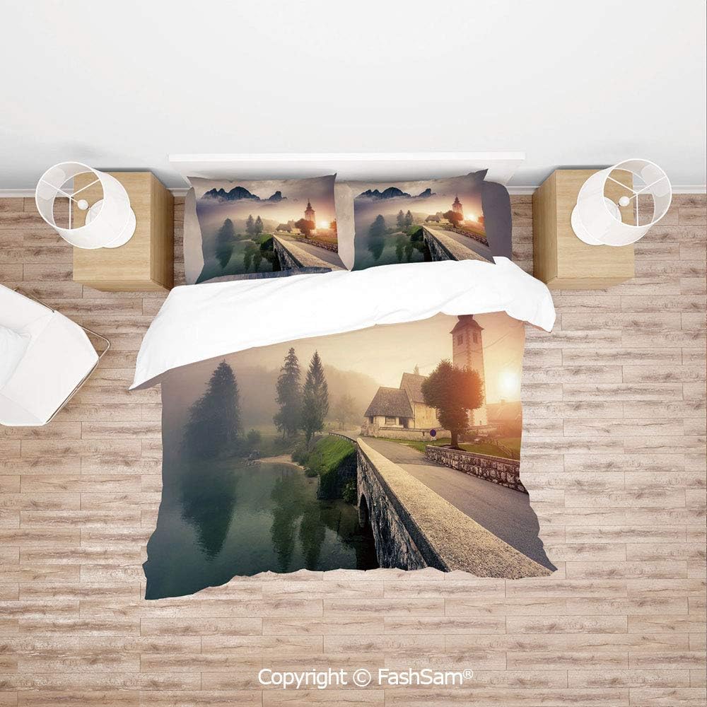 FashSam Luxury 4 Pieces Duvet Cover Bedding Set Majestic Foggy Morning Scene Triglav National Park Mountain Valley Dramatic View Decorative for Family(Single)