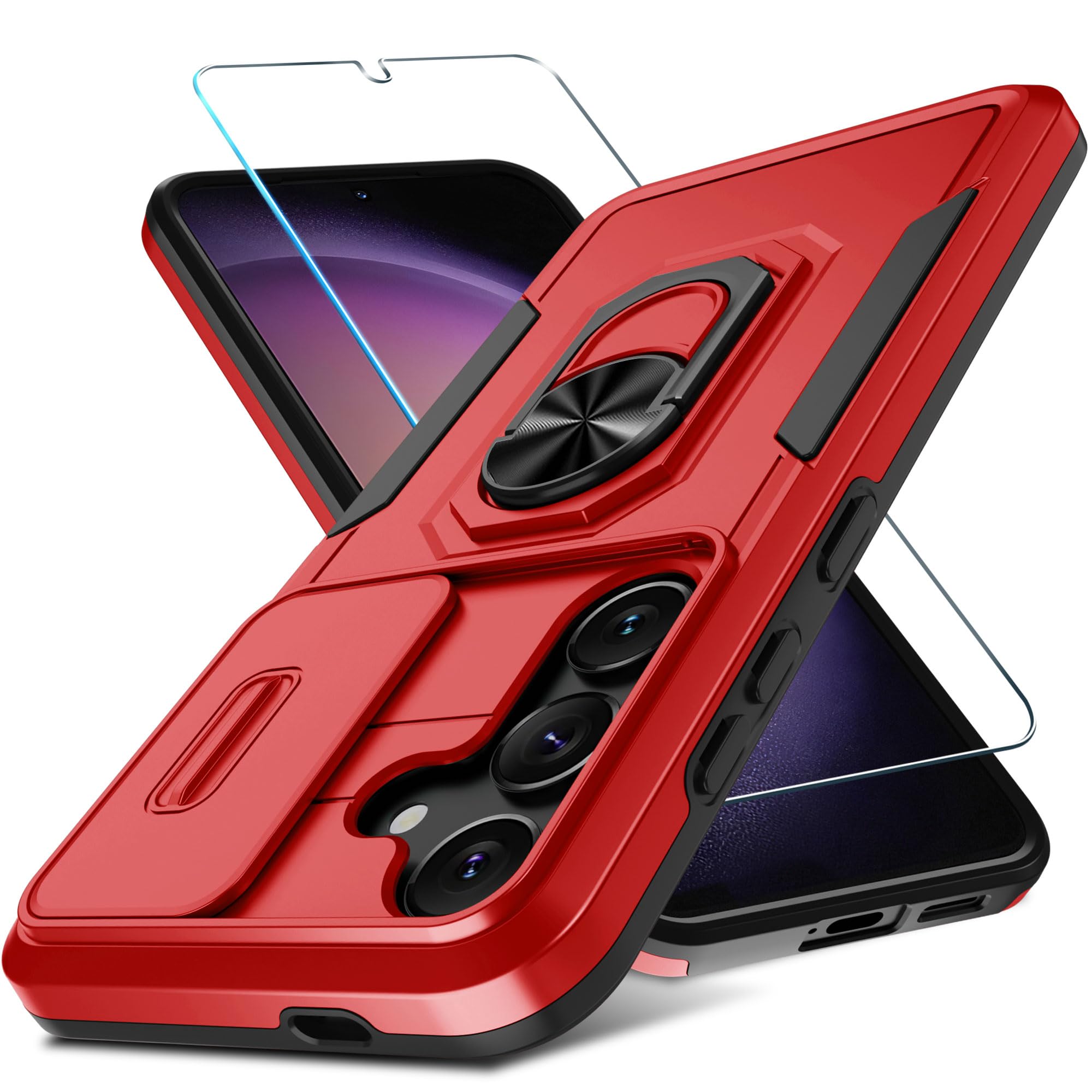 Photo 1 of Compatible with Samsung Galaxy S24/S25 Case Built in Slide Camera Lens Cover+Screen Protector+Ring Holder,Heavy Duty Shockproof Full Body Phone Cover,2025 Red