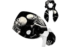 FVQL Scrub Cap, Surgical Caps for Women, Skull Skeleton Halloween, Bouffant Nurse Cap Ponytail