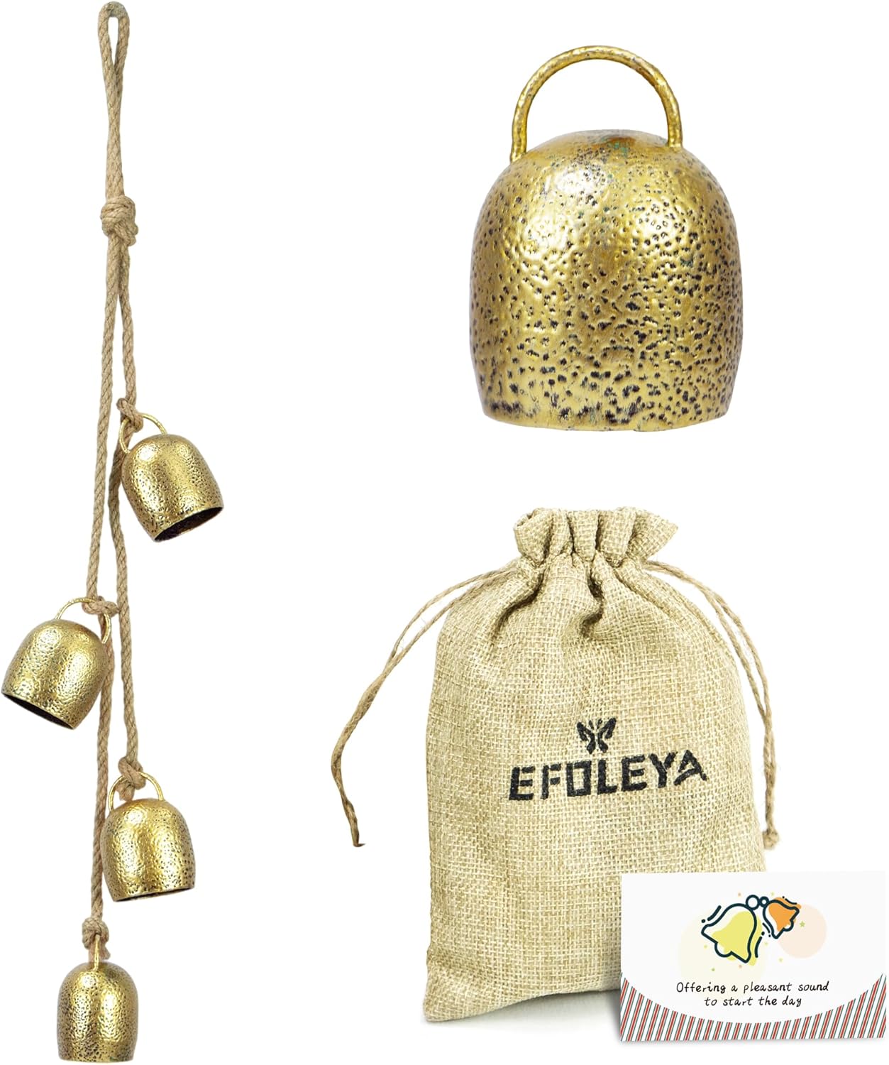 Ornaments - Handmade Iron Brass Finish Bell 4 Brass Cow Bells on Rope for Christmas Door Knob, Rustic Vintage Lucky Cow Bells for Mom Gift, Garden Home Yard Hanging Decor,Gold.