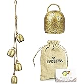 Handmade Iron Brass Finish Bell 4 Brass Cow Bells on Rope for Christmas Door Knob, Rustic Vintage Lucky Cow Bells for Mom Gift, Garden Home Yard Hanging Decor,Gold.