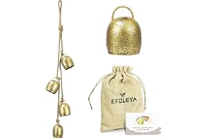 EFOLEYA Handmade Iron Brass Finish Bell 4 Brass Cow Bells on Rope for Christmas Door Knob, Rustic Vintage Lucky Cow Bells for Mom Gift, Garden Home Yard Hanging Decor,Gold.