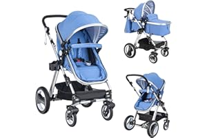 BABY JOY Baby Stroller, 2-in-1 Convertible Bassinet Reclining Stroller, Foldable Pram Carriage with 5-Point Harness, Including Cup Holder, Foot Cover, Diaper Bag, Aluminum Structure, Blue