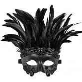 JPXH Mens Roman Masquerade Mask with Feathers Venetian Halloween Party | Feather trim and 3D embossed plastic create a bold half face look with an adjustable band for parties, stage wear and photos