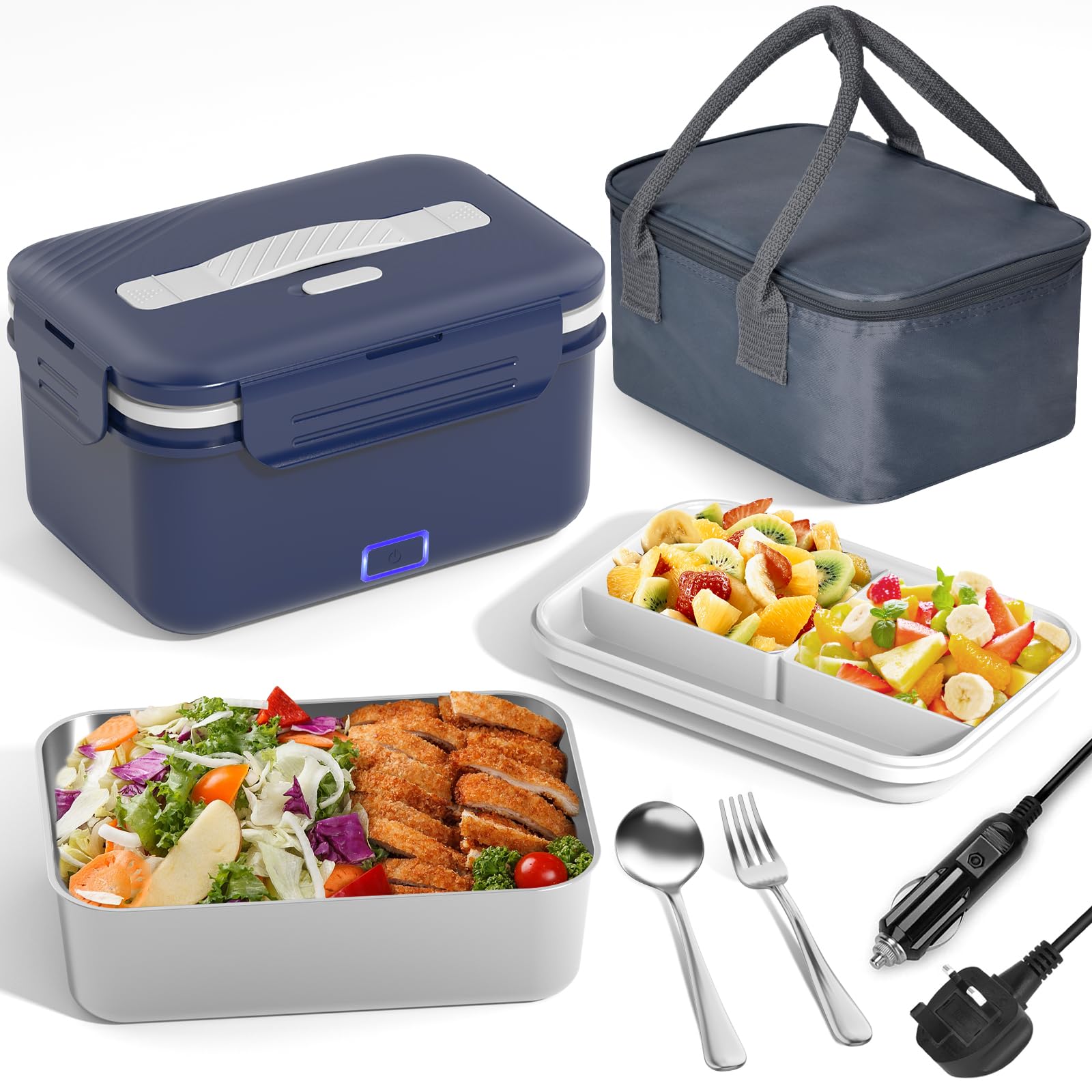 Vabaso 100W Electric Lunch Box for Adults with Insulated Lunch Bag, Spoon and Fork, Heated Lunch Box with Fruit Compartments, 1.8L Large Capacity, Thermal Lunchbox for Car, Truck, Office Dark Blue — image 1