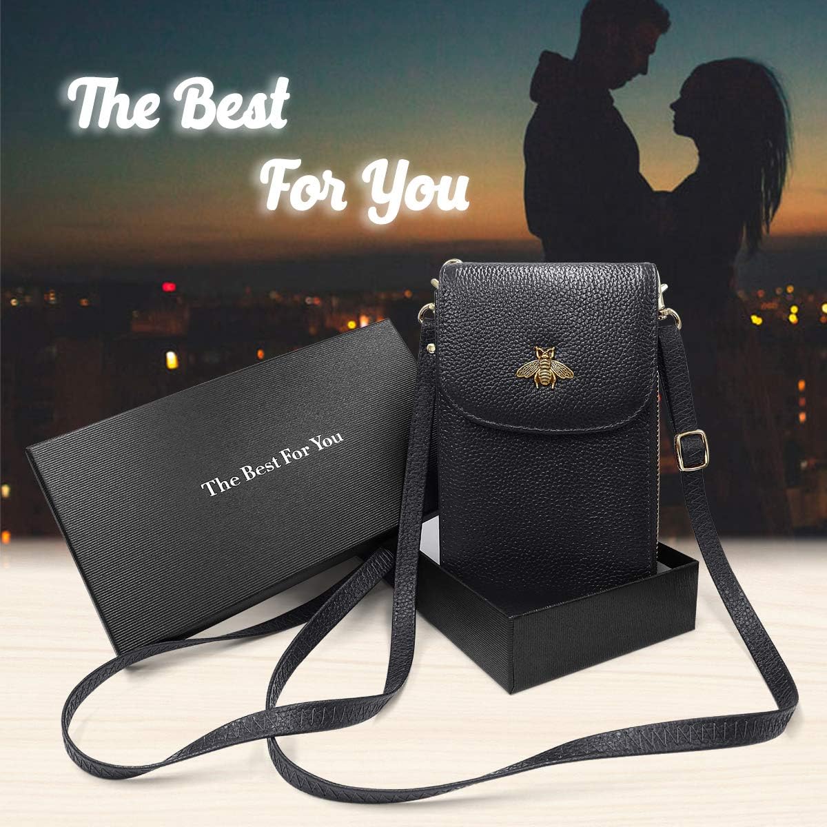 HNOOM Crossbody Phone Bag Women Genuine Leather Phone Bag Small Cellphone Crossbody Shoulder Bag Purse Wallet with 8 Card Slots Multi Compartment Phone Purse Bag with Shoulder Strap (Black) - Image 3