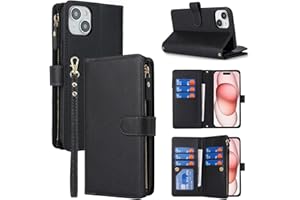 Jaorty Wallet Case for iPhone 15 with Strap,iPhone 15 Case Wallet for Women Men,[9 Card Slots] [Wrist Strap] Zipper Cash Pock