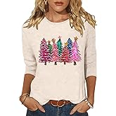 Womens Merry Christmas Tree Crewneck Shirt Funny Xmas Tree Graphic 3/4 Sleeve Tee Winter Holiday Family Party Matching Tops
