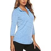 Koscacy Women's 3/4 Roll Sleeve Golf Tennis Polo Shirts UPF50+ Half Zip Dry Fit Workout Tops Athletic Shirt
