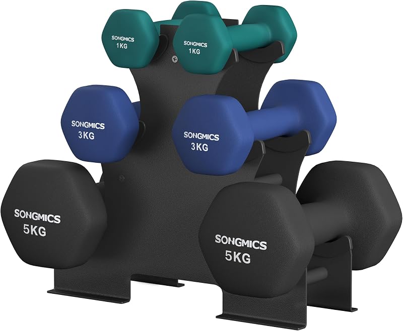 SONGMICS Hex Dumbbells Set with Stand 2 x 1 kg 2 x 3 kg 2 x 5 kg Teal