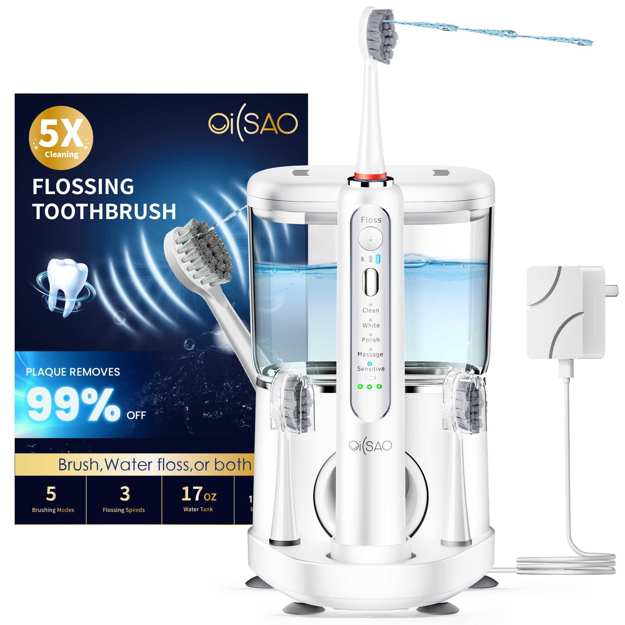 Photo 1 of OILSAO Electric Toothbrush with Water Flosser, Advanced 2.0 Flossing Toothbrush Combo in One with 5 Brush Modes & 3 Floss Speeds,500 ML Cordless,for Adults,Teeth, Gums, Braces, Dental Care,White