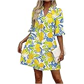 Floerns Women's Floral Tunic Dress 3/4 Ruffle Sleeve Notched Neck Vacation Smocked Boho Dresses