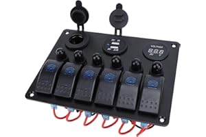 ZDETGU 12V 24V 6 Gang Rocker Switch Panel with Circuit Breakers USB and Voltmeter for Marine Boats Cars RVs Switch Control Pa