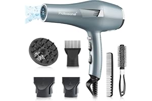 FASZIN Ionic Salon Hair Dryer, Professional Blow Dryer AC Motor Fast Drying with 2 Speed, 3 Heat Setting, Cool Button, with Diffuser, Nozzle, Concentrator Comb for Curly & Straight Hair-Blue