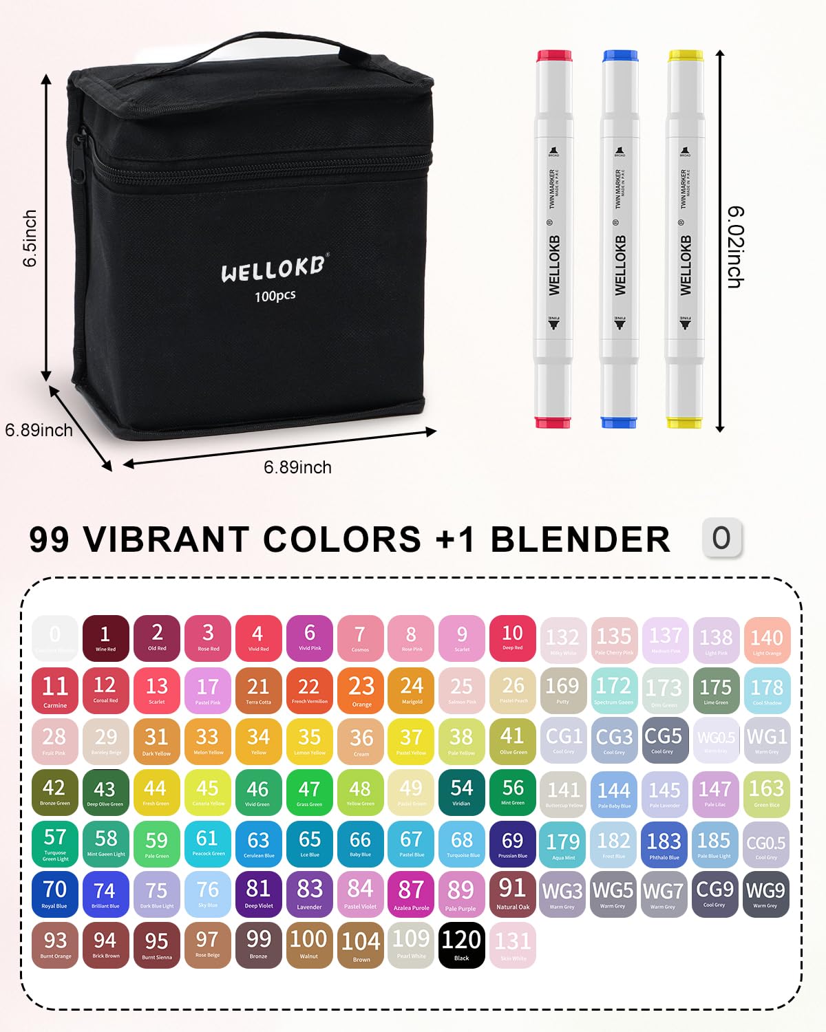 WELLOKB Alcohol Markers, 100 Colors Dual Tip Art Markers for Coloring, Drawing, Illustrations, Book Painting, Alcohol Based with Carrying Case for Adult Kids