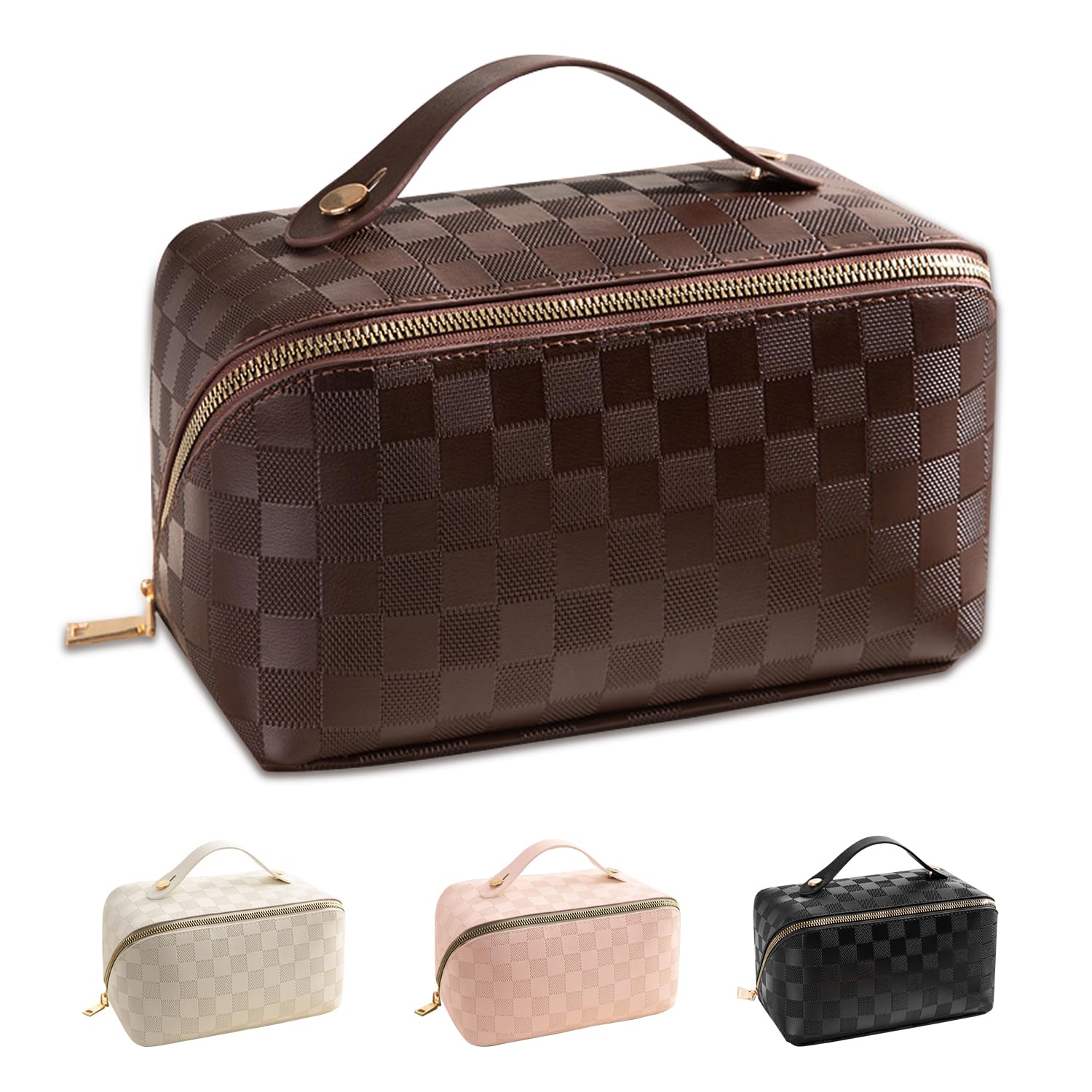 Photo 1 of LaType Large Capacity Makeup Bag, Travel Cosmetic Bag, PU Leather Makeup Pouches for Women, Waterproof Portable Large Wide-open Pouch with Divider and Handle for Travel Makeup Bag (brown)