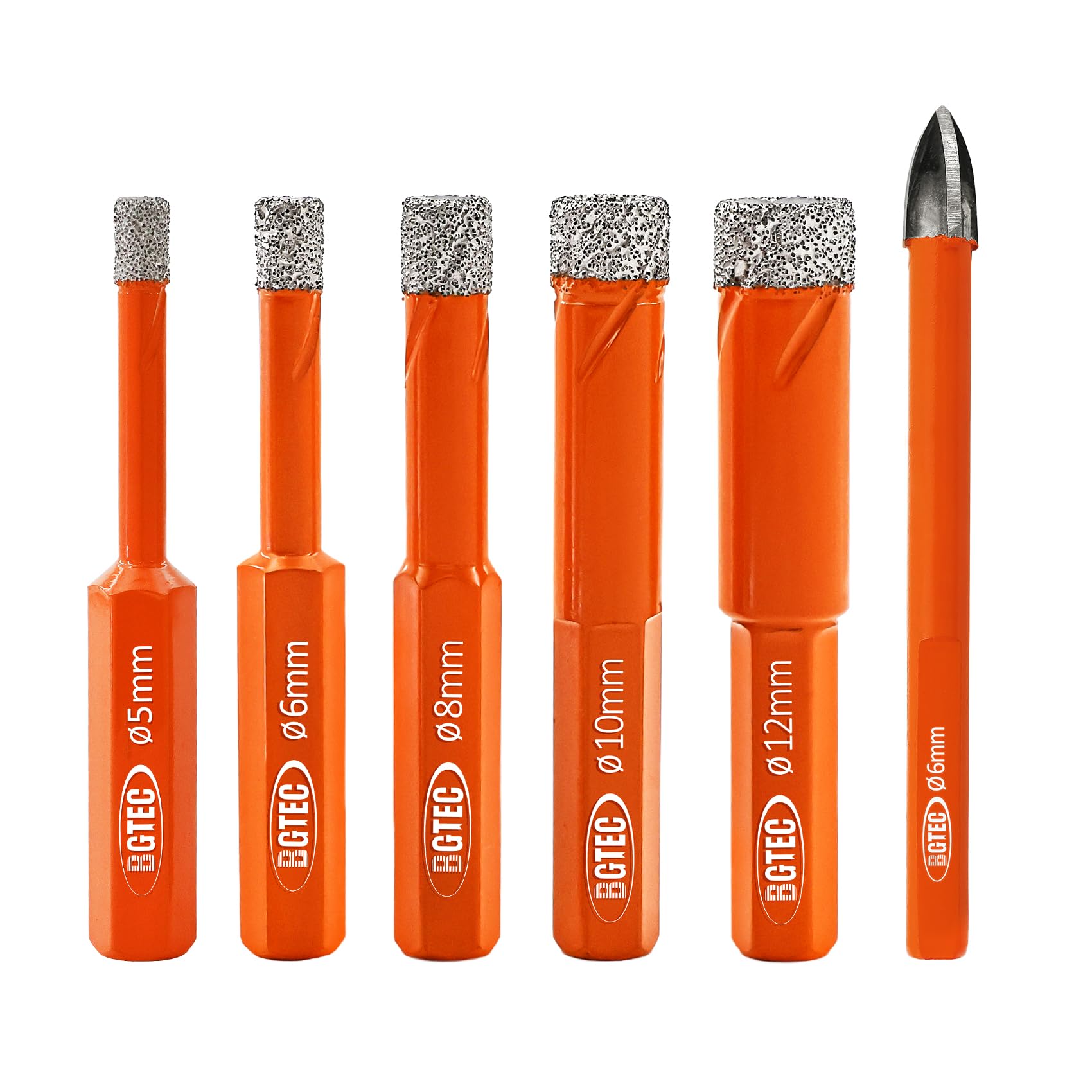 BGTEC Dry Diamond Core Drill Bits Set Hole Saw,6pcs 5/6/8/10/12MM Hex Shank Drill Bits+6mm Triangle Shank Carbide Drill for Granite Marble Porcelain Tile Ceramic