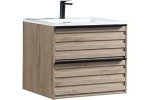 JINDOLI 24 Inch Bathroom Vanity with Sink Combo, Modern Bath Vanity Bathroom with 2 Extra Big Drawers, Wall Mounted Floating Bathroom Vanities Cabinet Set with Wavy Panel Design, Golden Oak