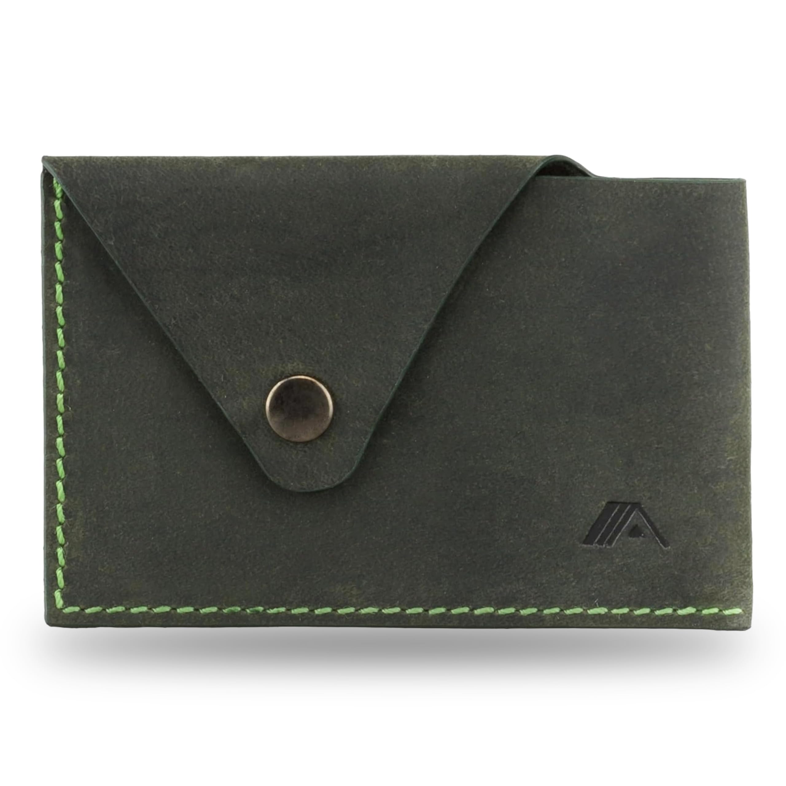 A-SLIM Tsuki Business Card Holder || Minimalist Leather Wallet for Men || Slim Design Card Holder with Button Closure || Handmade Full-Grain Leather Wallets for Men UK || Tsuki (Raw Green)