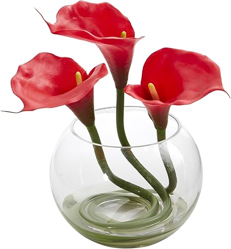 Amazon Nearly Natural カラーリリー 丸いガラス花瓶 9インチ レッド 花器 インテリアボウル オンライン通販