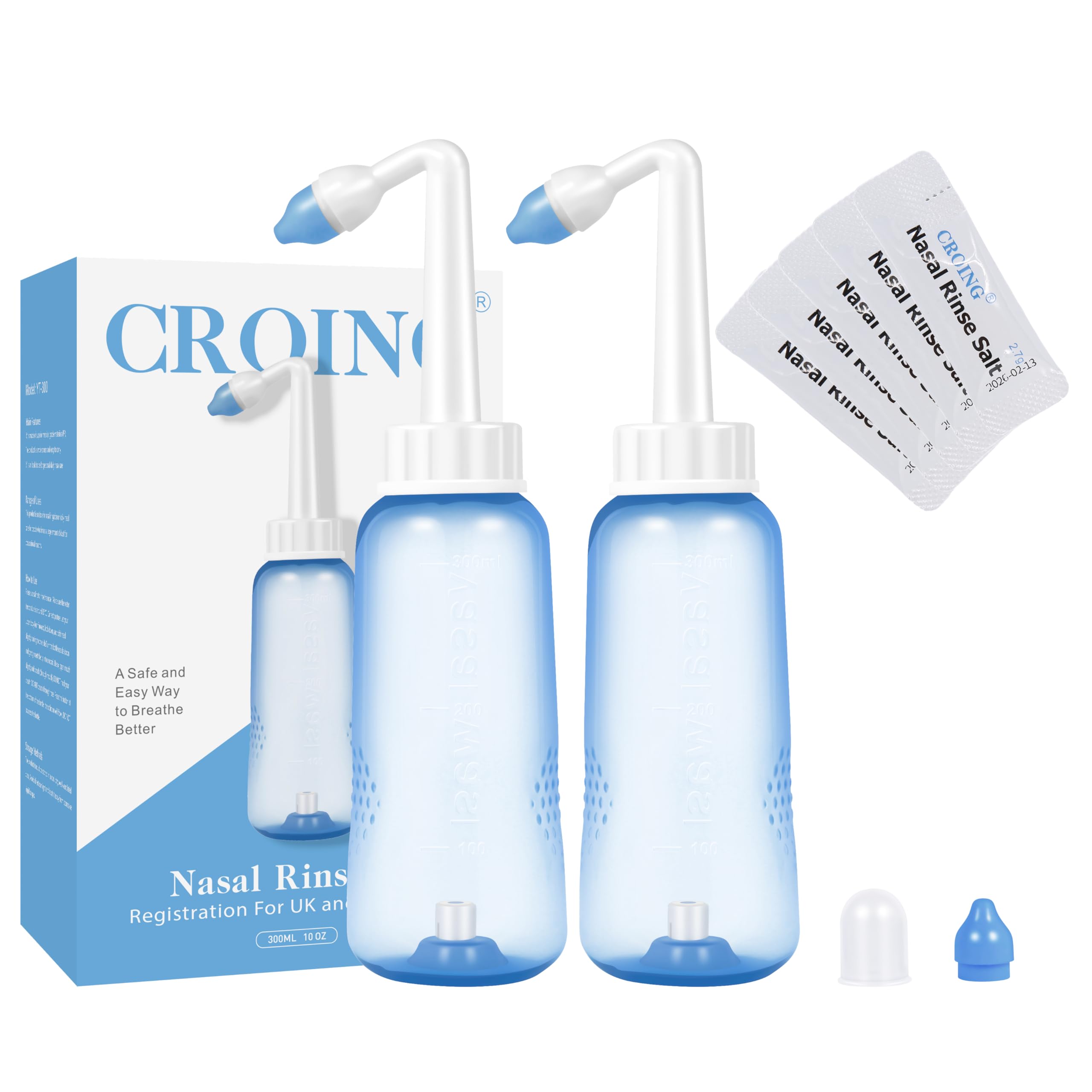 Croing 𝙎𝙞𝙣𝙪𝙨 𝙍𝙞𝙣𝙨𝙚 2 Neti Pots with 40 Salt Packs for Nasal Irrigation, Nasal Rinse Bottle for Relieves Nasal Congestion and Irritation, All Natural Pre-Mixed Buffered Saline Packets
