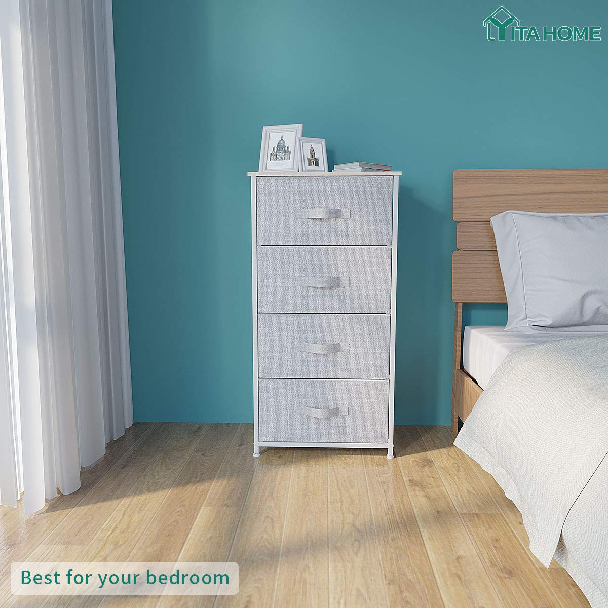 YITAHOME Dresser with 4 Drawers - Fabric Storage Tower, Organizer Unit for Bedroom, Living Room, Hallway, Closets & Nursery - Sturdy Steel Frame, Wooden Top & Easy Pull Fabric Bins (Light Grey)