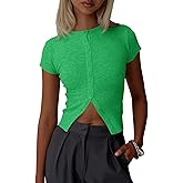 Imily Bela Womens Short Sleeve Sweater Tops Summer Button Down Casual Ribbed Knit Slim Fit Cropped Cardigan Shirts
