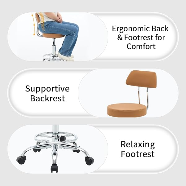 FIRAVOE ERGONOMIC DESK STOOL(STURDY ROLLING STOOL WITH BACK)(SWIVEL ARMLESS OFFICE CHAIR 19.5″-26.6″) ADJUSTABLE FOOTREST SALON CHAIR (CAMEL BROWN)