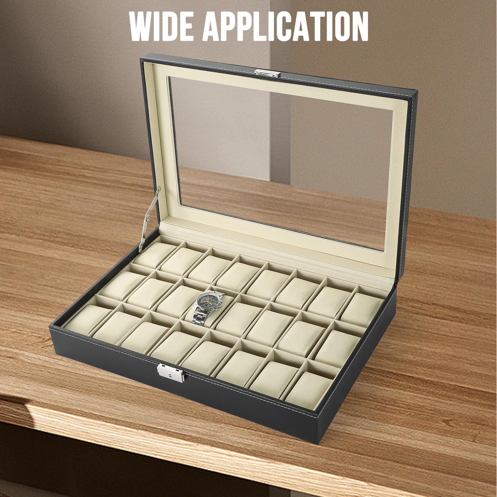 24 Slots Watch Box | Watch Case Display Organizer, Watch Display Case Glass Top for Men Women PU Leather Display Storage Collection Organizer Jewelry Case with Removable Pillows