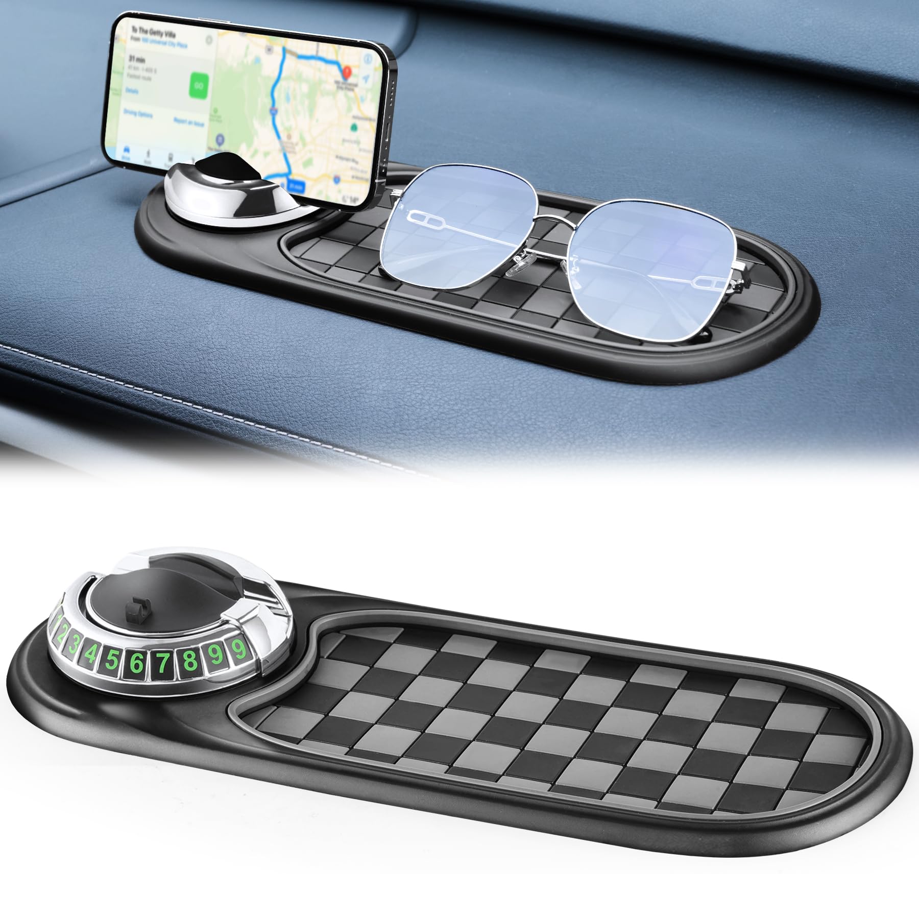 Photo 1 of LivTee Multifunction Car Anti-Slip Mat, 360° Rotatable Multifunctional Car Dashboard Mobile Phone Holder with Temporary Parking Number, Universal Dashboard Accessories for Organized Storage(BG-Silver)