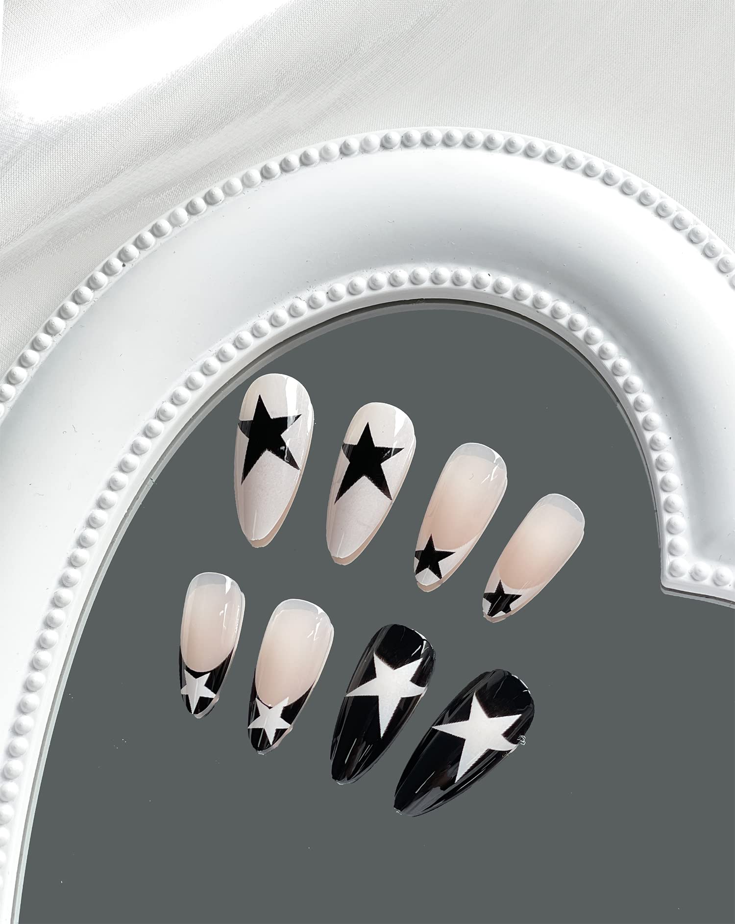 Press on Nails Medium Almond French Tip Fake Nails Full Cover False Nails with Black and White Stars Designs Y2K Press on Nails Glossy Glue on Nails Artificial Acrylic Nails for Women Girls 24 pcs - Image 4