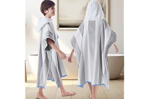 VOOVA & MOVAS Big Kids Hooded Bath Towels - Girl | Teens Pool Towel Poncho Towel Robe (8-16Years), Large Thick and Absorbent Cotton - Versatile for Pool, Swim, and Bath, Grey and White Wide Cabana