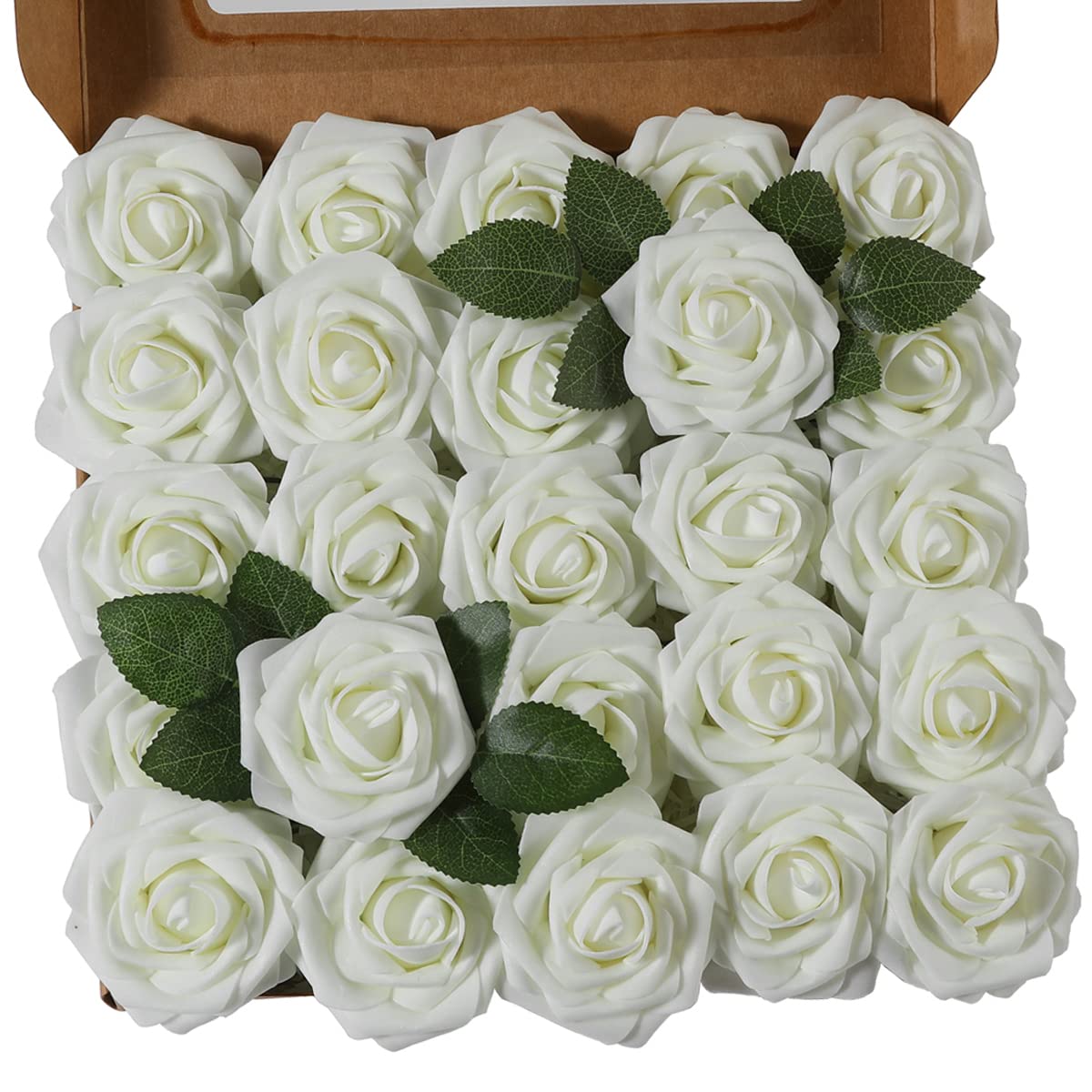 Ruiuzioong Artificial Flowers, 25pcs Real Touch Foam Roses DIY Flowers for Wedding Bouquets Centerpieces Arrangement Party Baby Shower and Home Decor (Ivory, 25pcs)