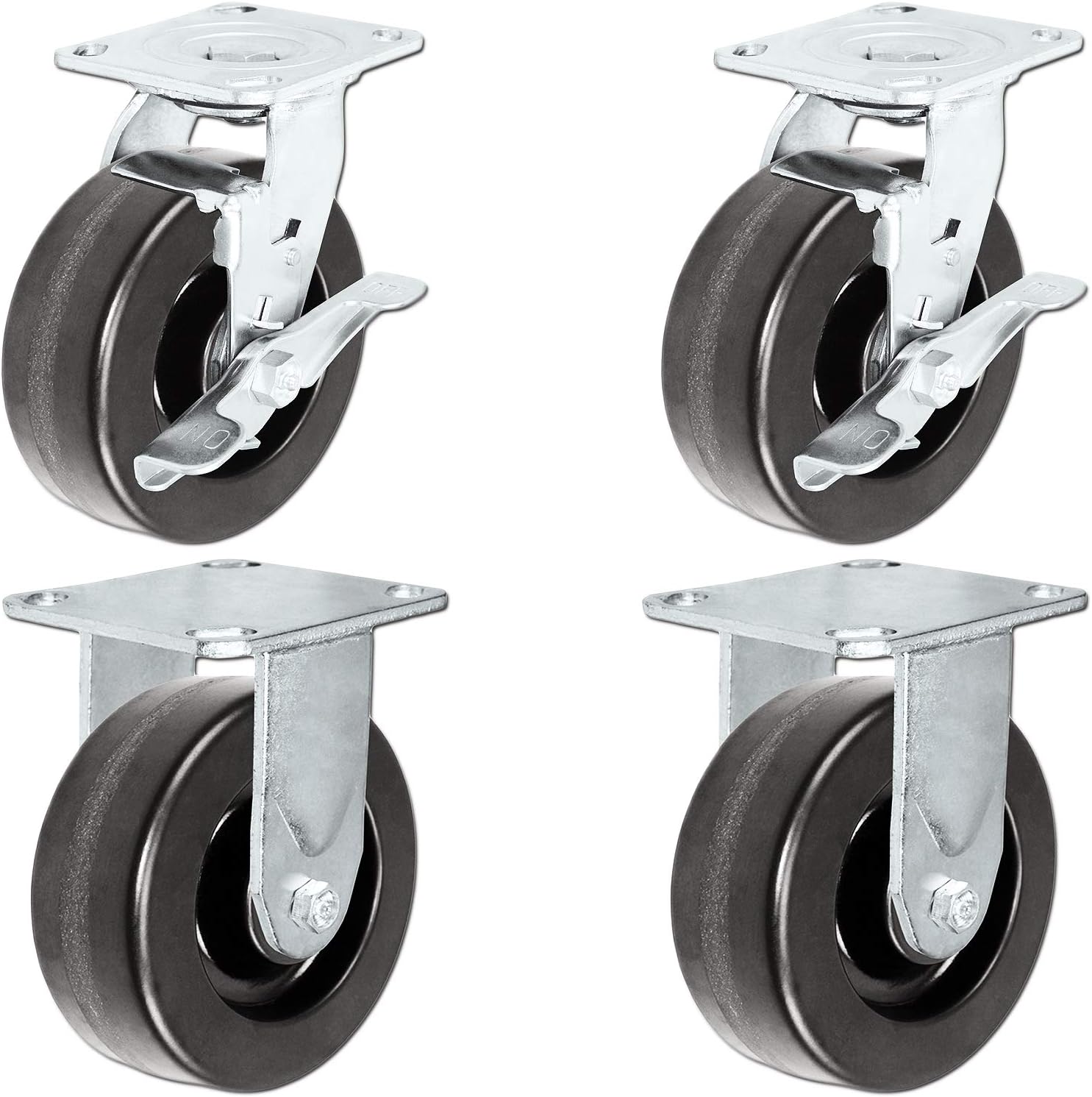 6" Heavy Duty Toolbox Caster Set with Phenolic Wheels - 1200 Lbs Capacity per Caster - High Impact Resistance - Resistant to Oils, Grease, Chemical - 2 Swivel Casters w/Brakes and 2 Rigid Casters