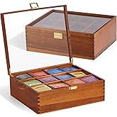 HouseJoy Tea Bag Organizer, Acacia Wood Tea Storage Box, 12 Compartments Tea Bags Storage Drawer with Clear Glass Window, Tea