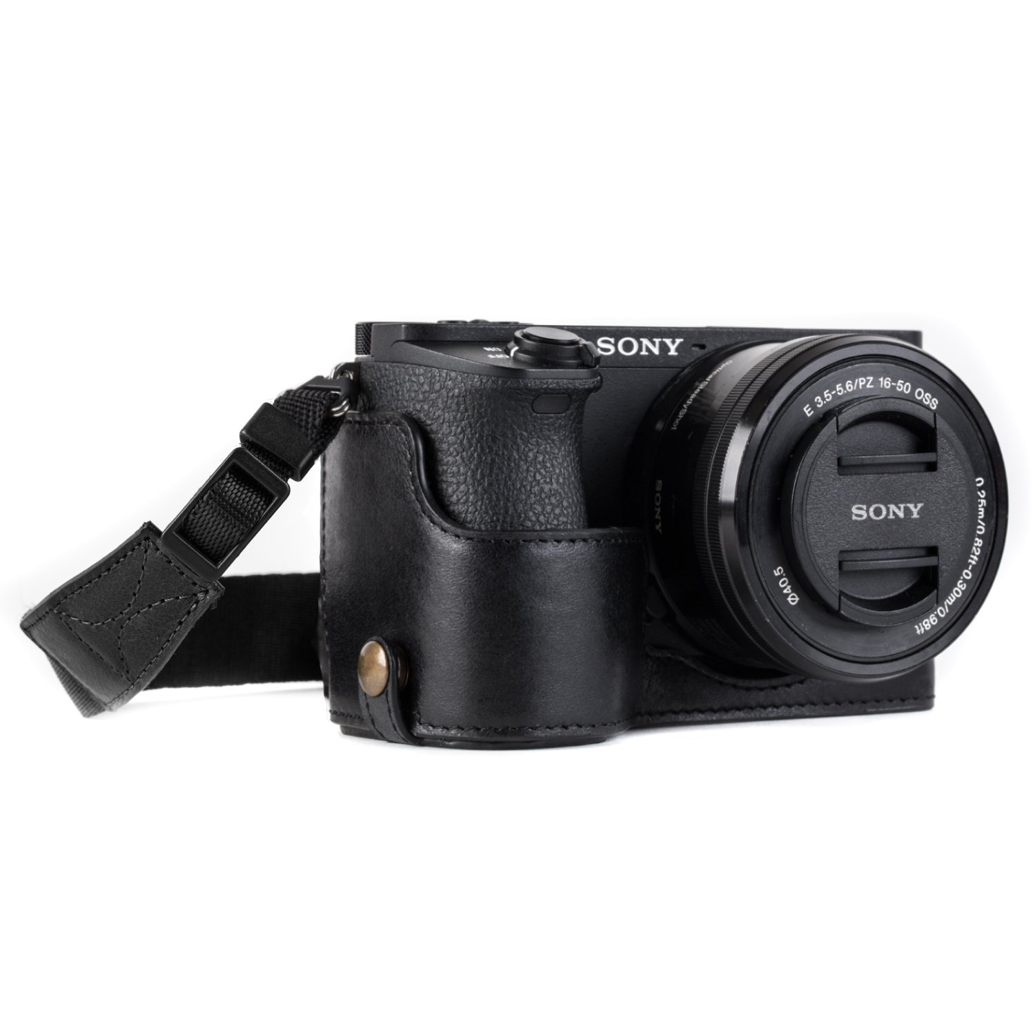MegaGear MG1203 Ever Ready Genuine Leather Half Case and Strap with Battery Access for Sony Alpha A6500 Camera - Black