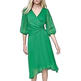 DKNY Womens 3/4 Balloon Sleeve Twist Front Chiffon Midi Dress