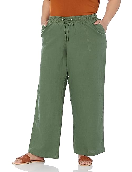Amazon Essentials Women's Linen Blend Drawstring Relaxed Fit Wide Leg Pant (Available in Plus Size), Military Green, 1X